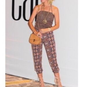 Cabi Navy Blue Orange Mosaic Halter Jumpsuit Size Small